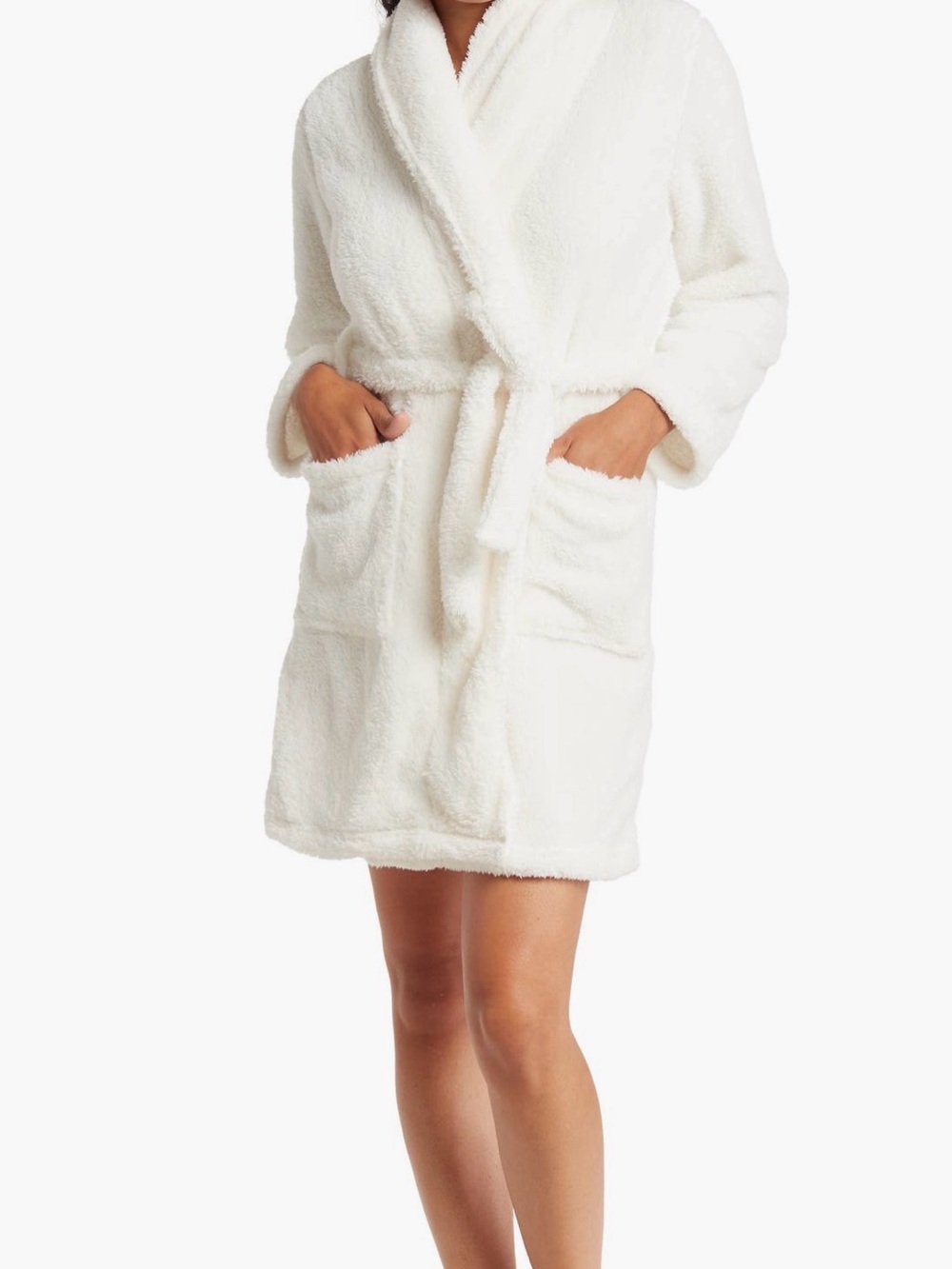 Plush White Women's Short Robe with Belted Waist
